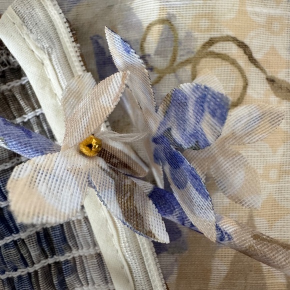 Designer-Style Floral Picnic Blue and Cream Midi Dress with Tie Straps - Picture 5 of 12